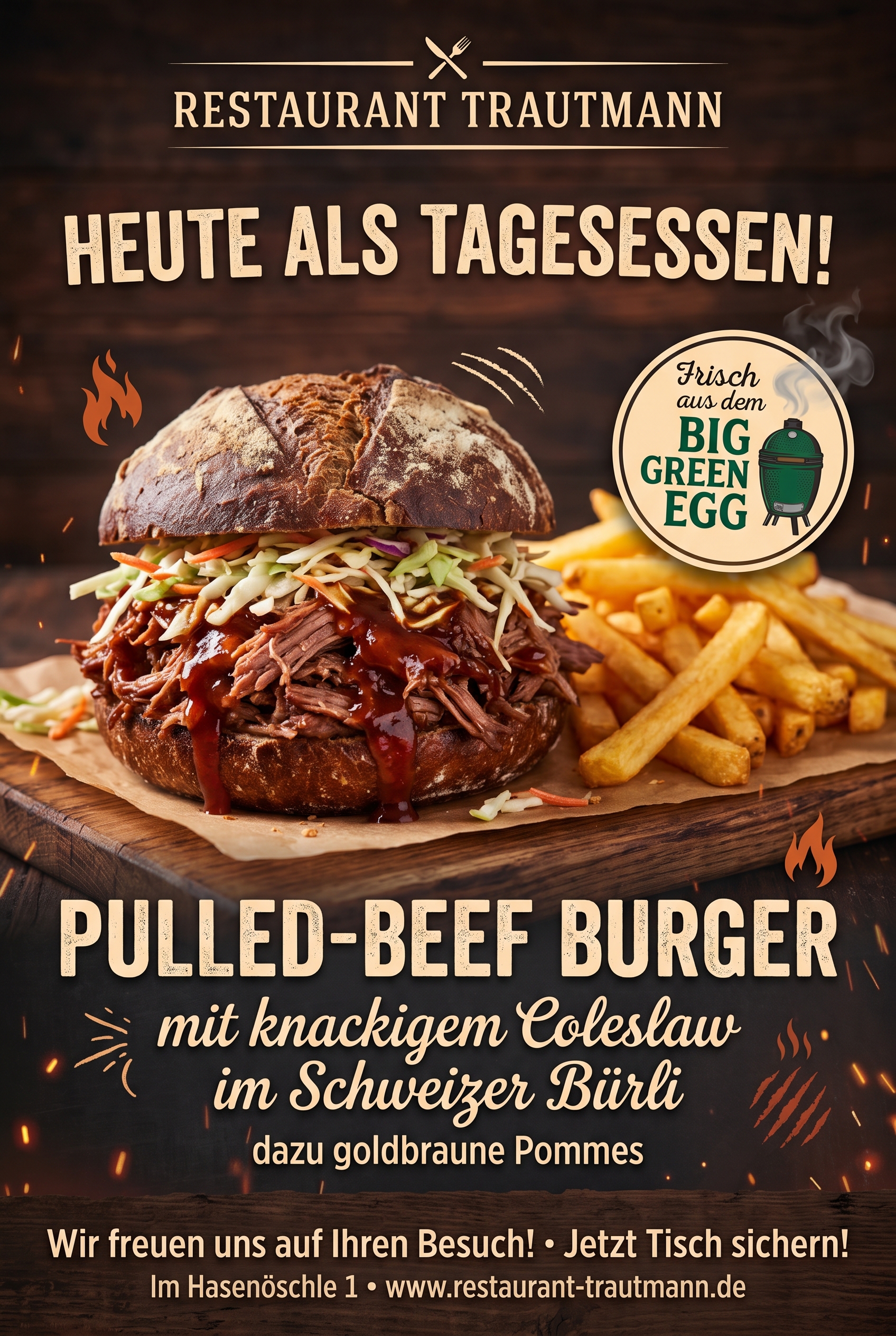 Pulled-Beef-Burger mit Coleslaw im Schweizer Bürli, dazu goldbraune Pommes – frisch aus dem Big Green Egg